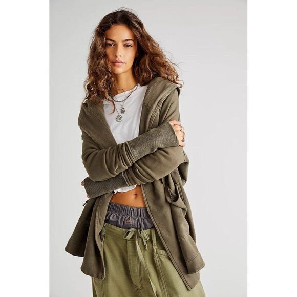 NWT FREE PEOPLE Sz XS BRENTWOOD CARDI HOODED CARDIGAN IN GREEN - Picture 1 of 3